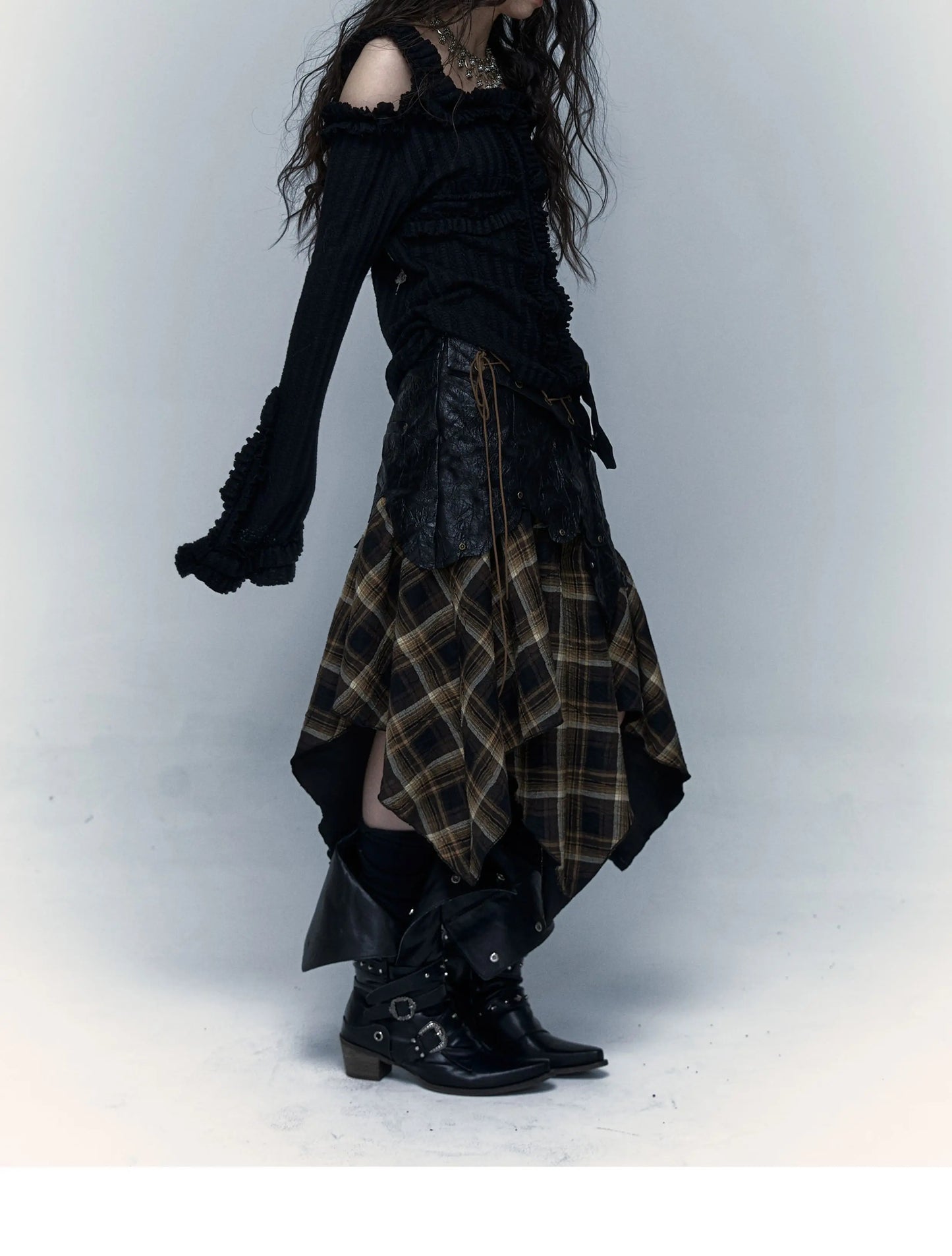 Grunge Aesthetics Plaid Patchwork Skirt Gothic