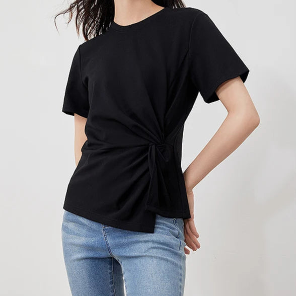 Pleated Tie Irregular Crop T-shirt