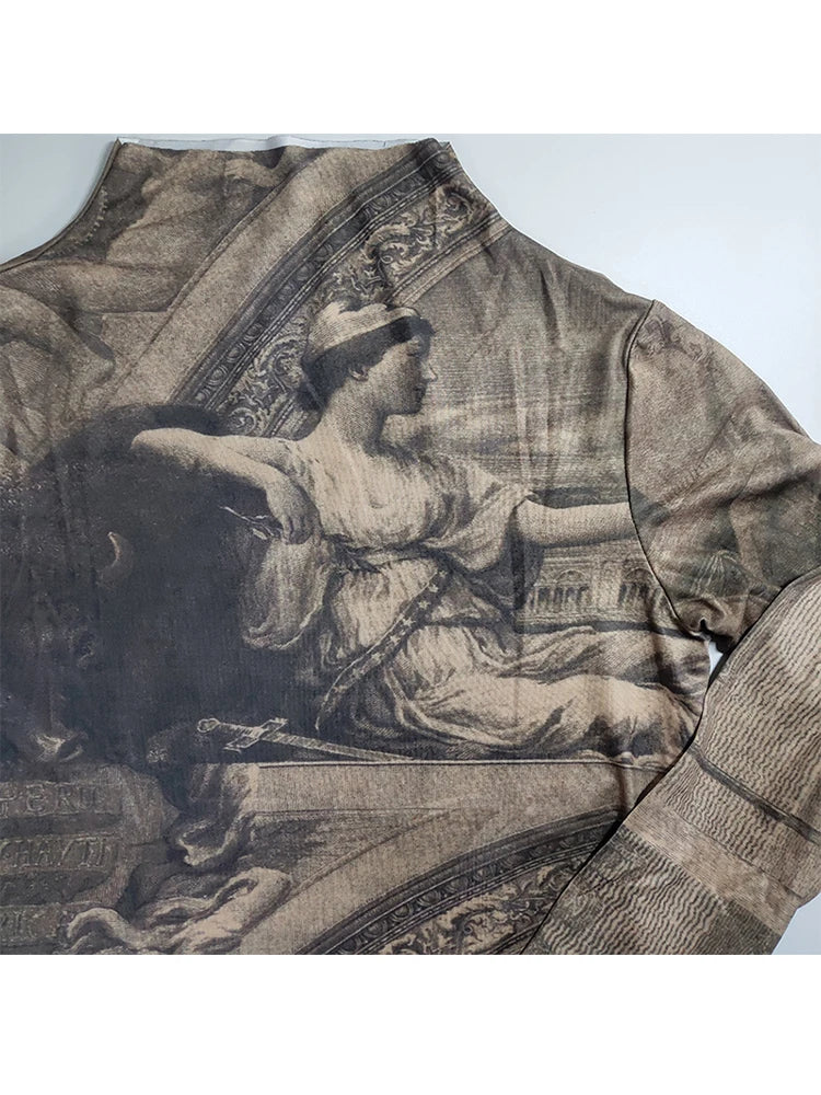Renaissance Print Vintage Turtleneck Long Sleeve