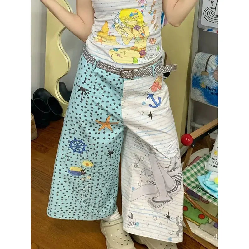 Blue Baggy Parachute Calf-Length Wide Pants
