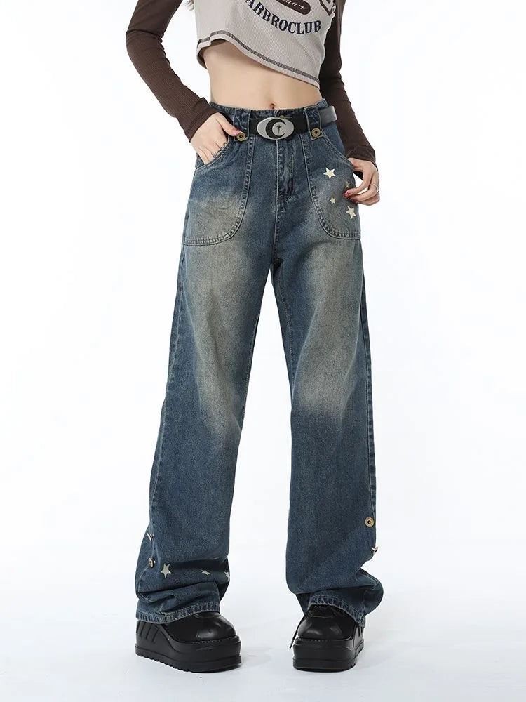 Retro American Star Splicing Wide Jeans