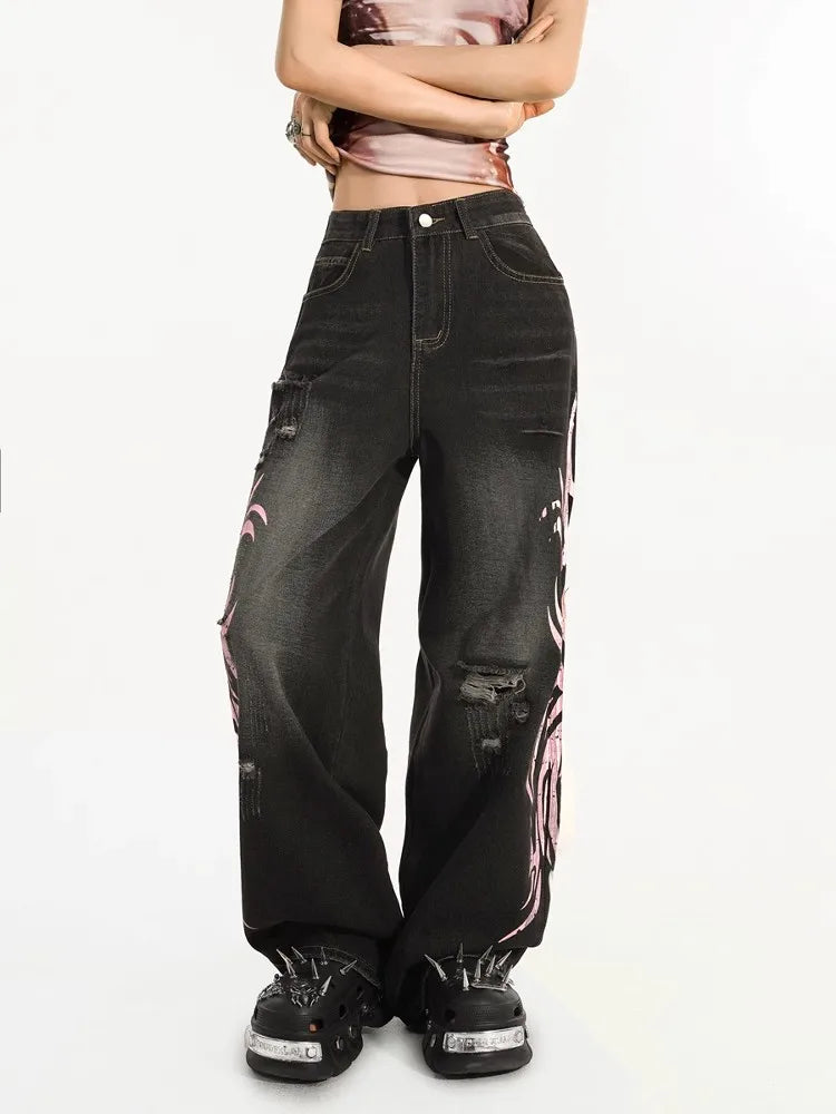 Mottled Totem Print Baggy High Jeans