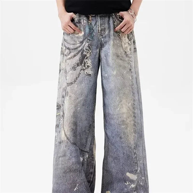 3D Printed Baggy Straight Leg Jeans