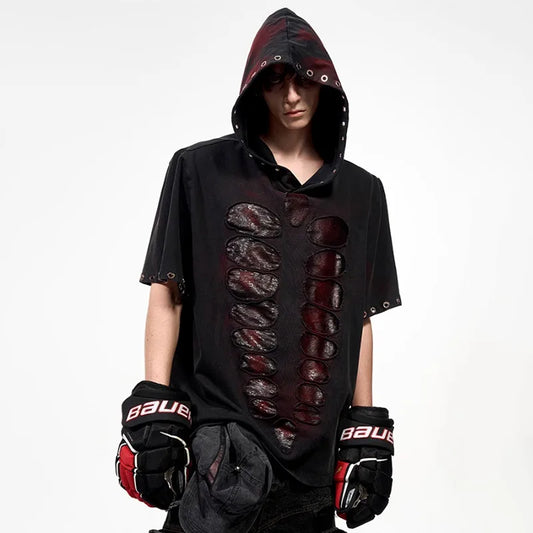 Stylish Hollow Out Patched Loose T-Shirt