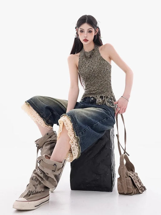 Vintage Lace Patchwork Wide Leg Jeans