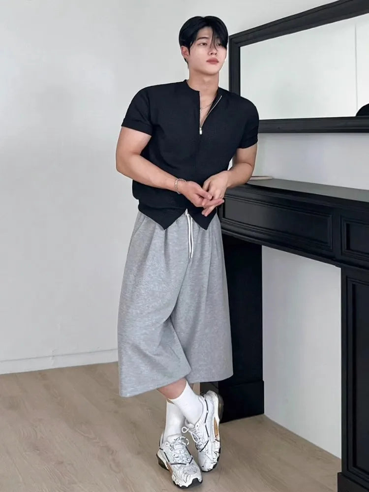 Soft Grey Loose Drawstring Calf-Length Shorts