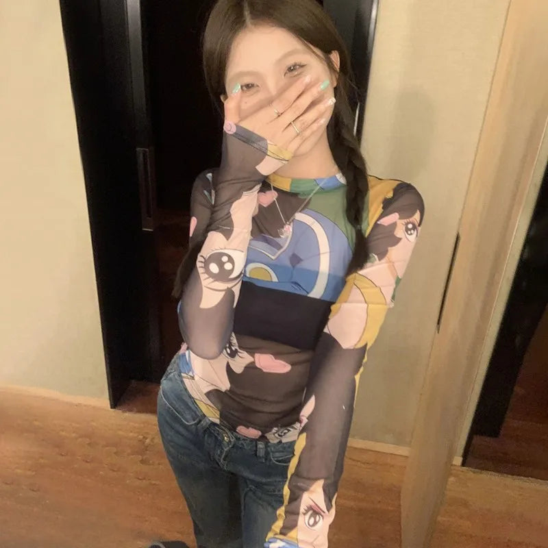 Sheer Mesh Japanese Anime Print T-Shirt