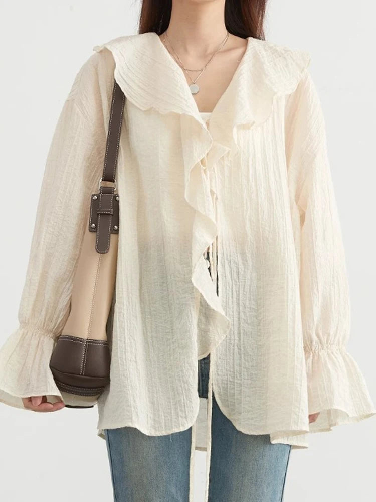 Ruffle Sleeve Lace Up Blouses Shirt