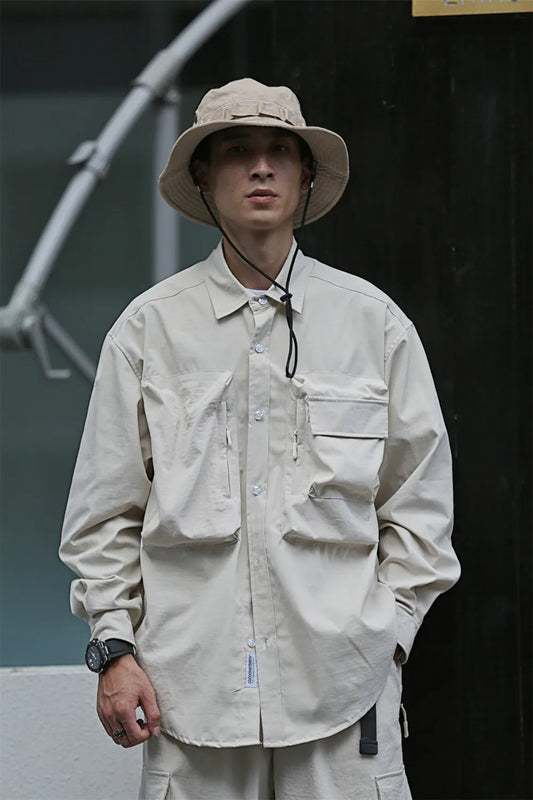 Solid Color Cargo Men Safari Shirt