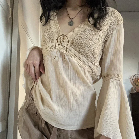 Retro Casual Lace-Up V-Neck T-Shirt