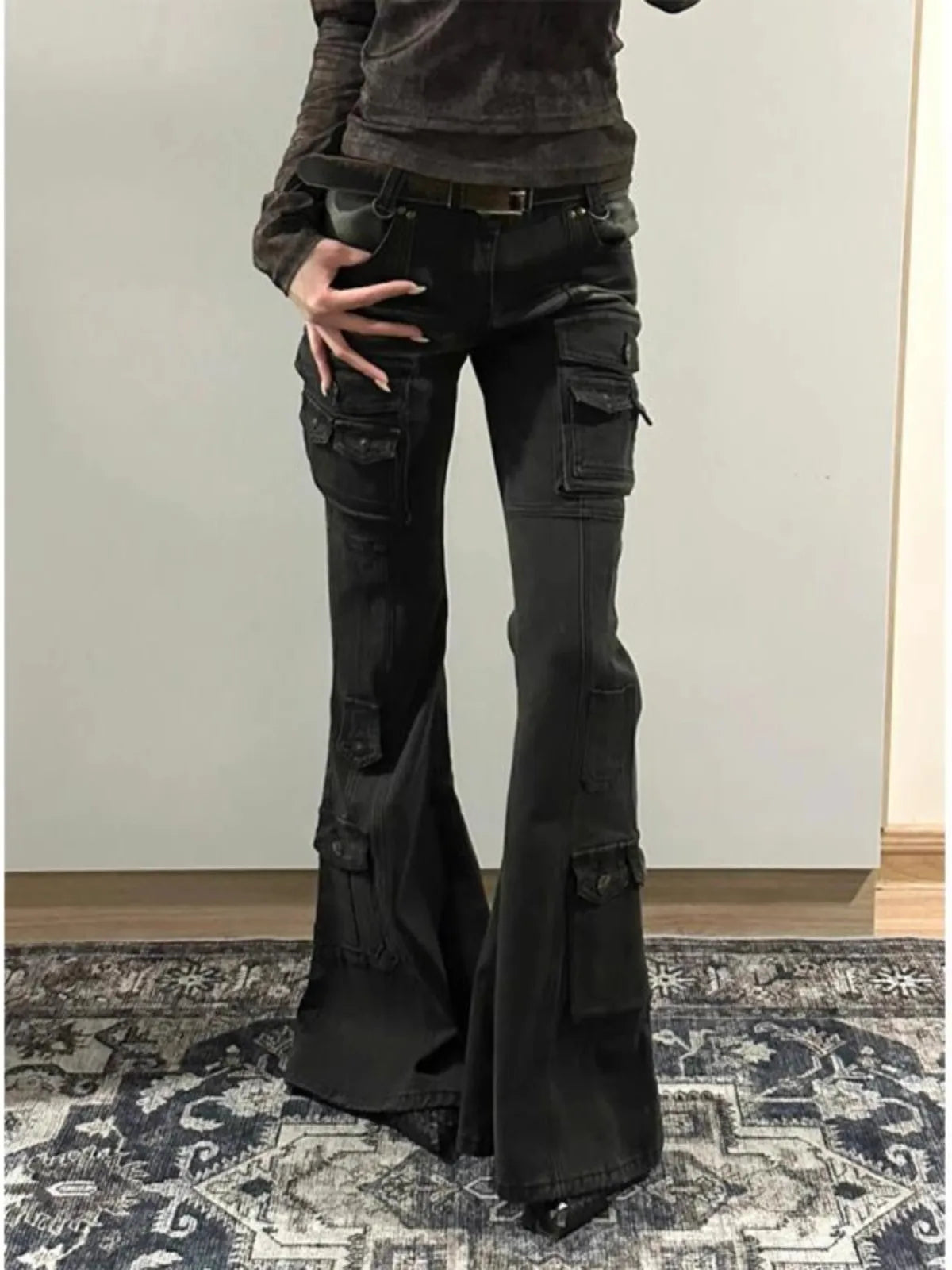 Retro Grunge Black Cargo Stretch Jeans