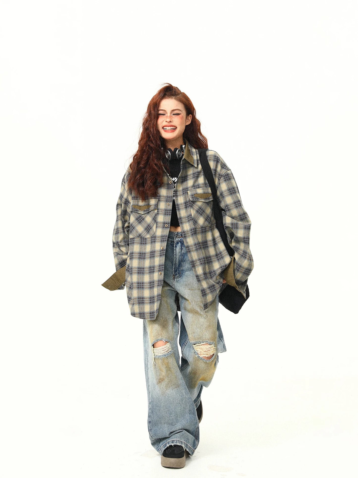 Contrasting Color Plaid Jacket Spring/Autumn Shirt