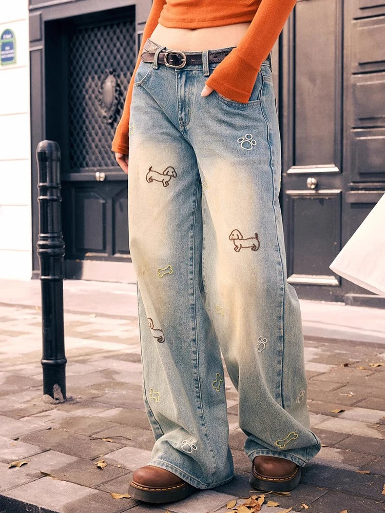 High Waist Embroidered Straight Jeans