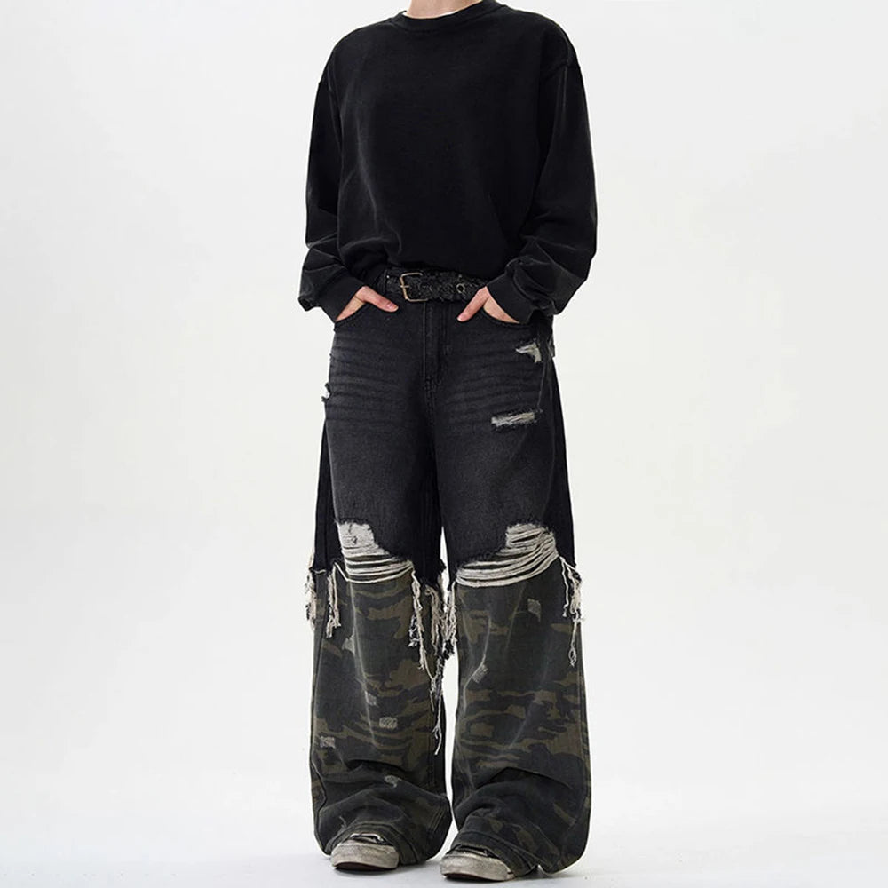 Retro Camouflage Stitched Baggy Ripped Jeans