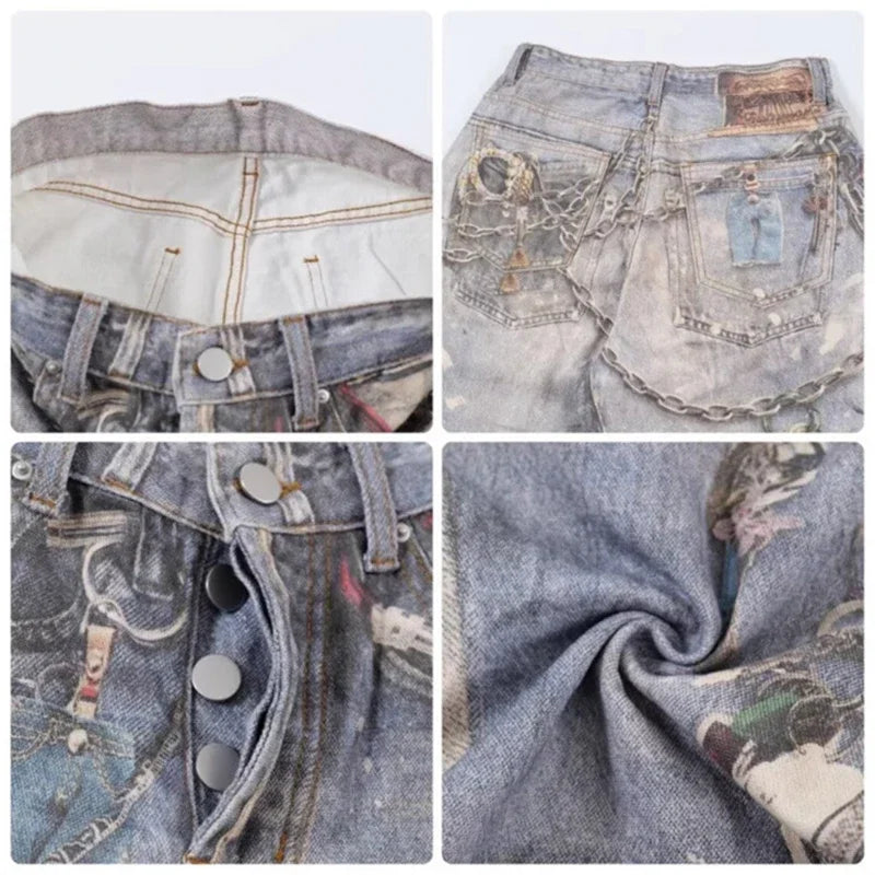 3D Printed Baggy Straight Leg Jeans