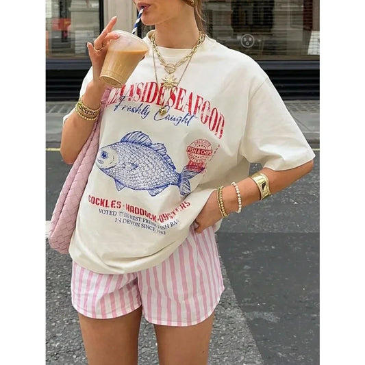 Graphic Seafood Print Summer T-Shirt