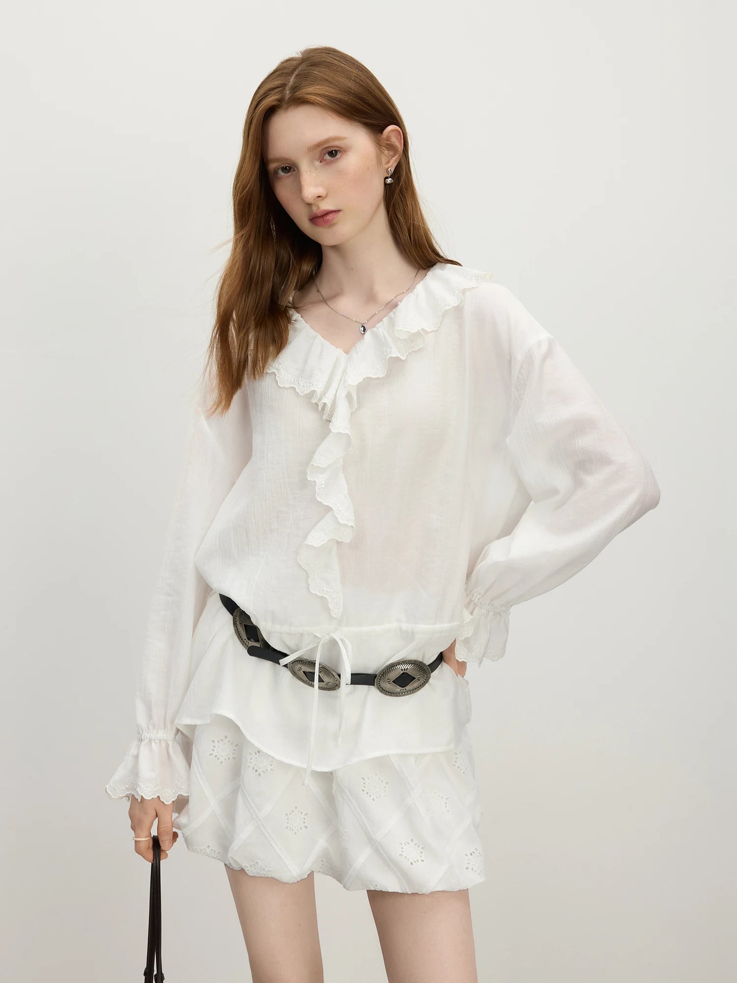Elegant Ruffle Sleeve Blouse with Botanical