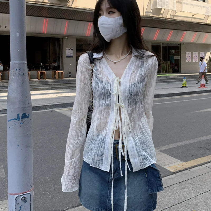 Lace Up Long Sleeve Blouse Shirt