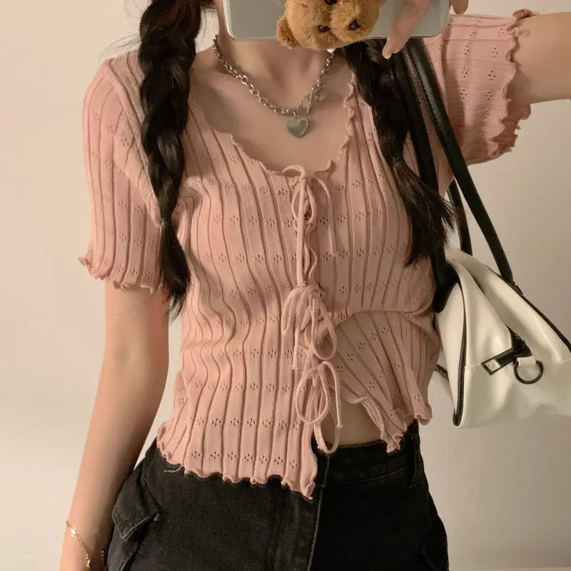 Versatile Ribbed V-Neck Knitted Crop T-Shirt