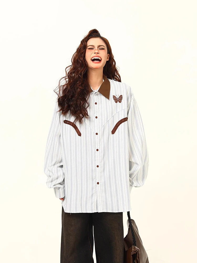 Versatile Korean Striped Retro Long Shirt