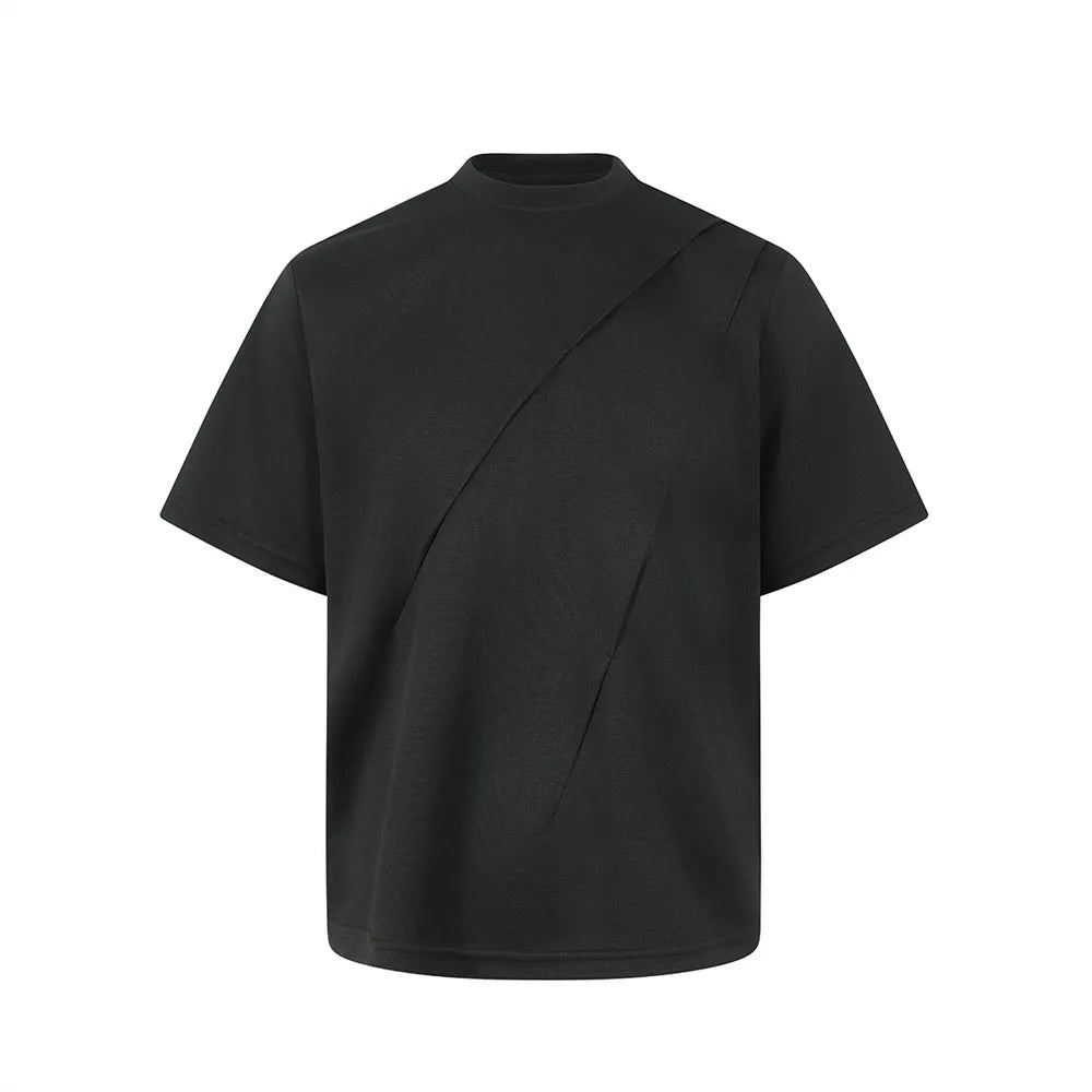 Solid Color Pleated Crew Neck T-Shirt