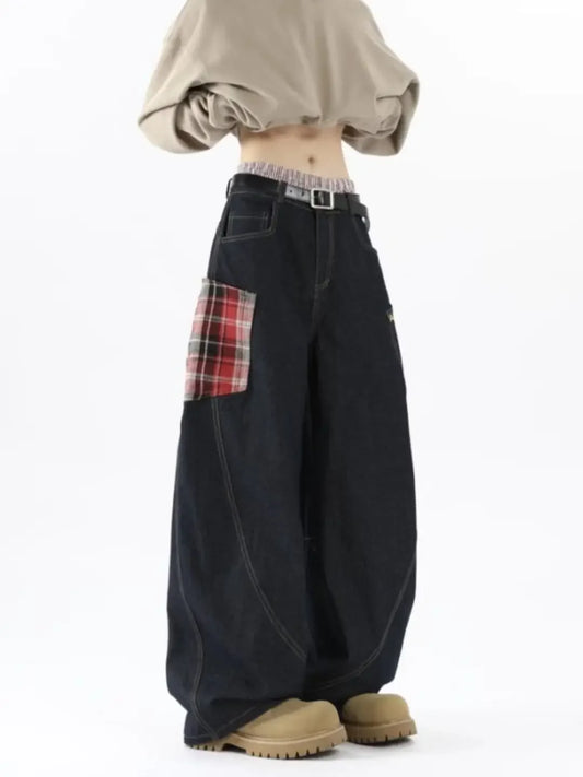 Retro Plaid Cargo Wide Leg Jeans