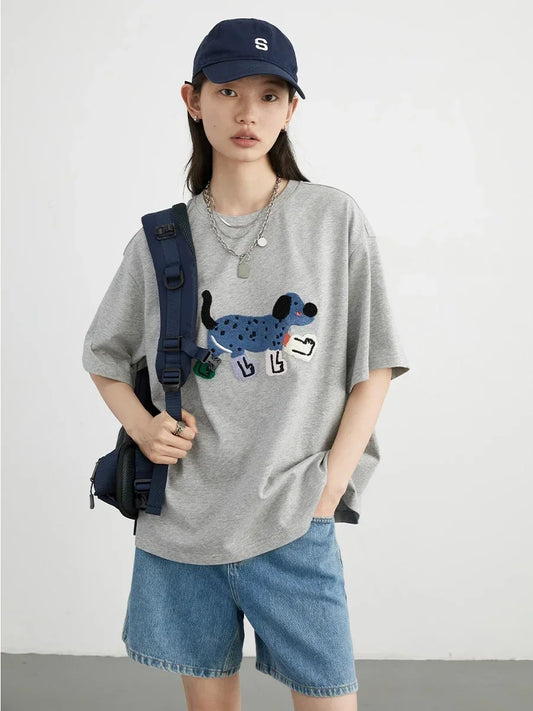 Embroidered Dog Print Chic Ven T-Shirt