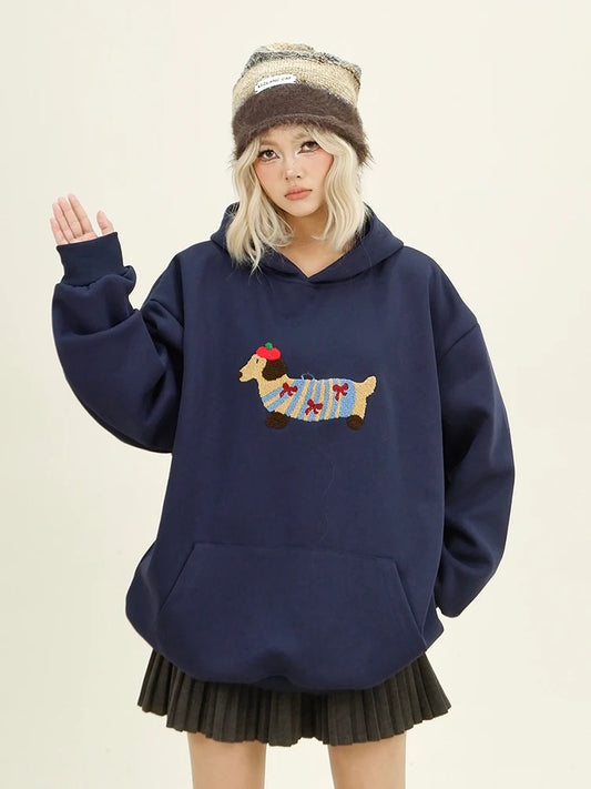 Casual Loose Cartoon Dog Embroidery Sweatshirt