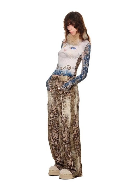 Leopard Print Loose Straight Leg Jeans