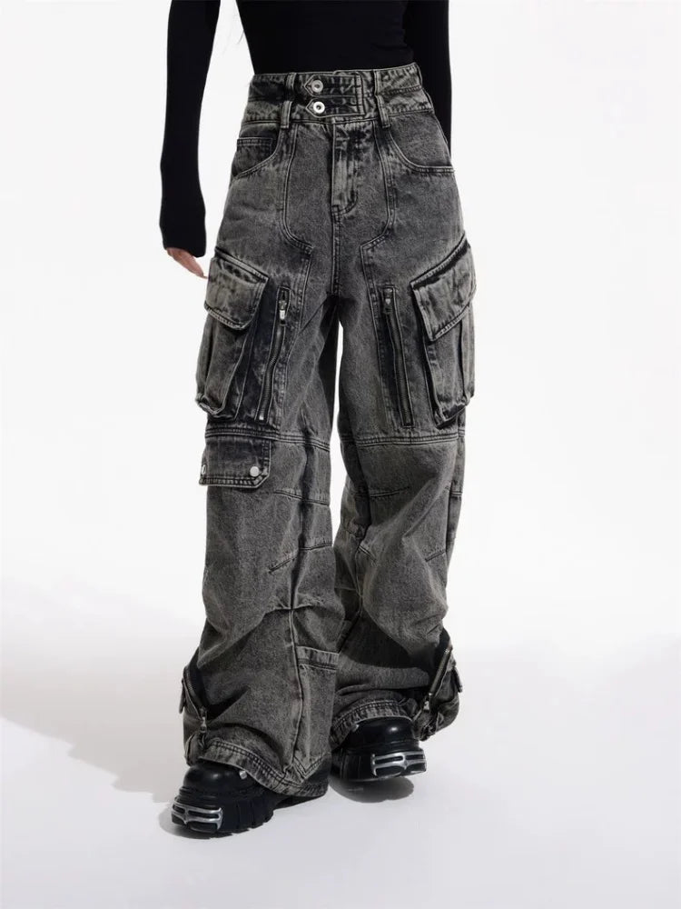 Vintage Grey Pleated Cargo Wide Jeans
