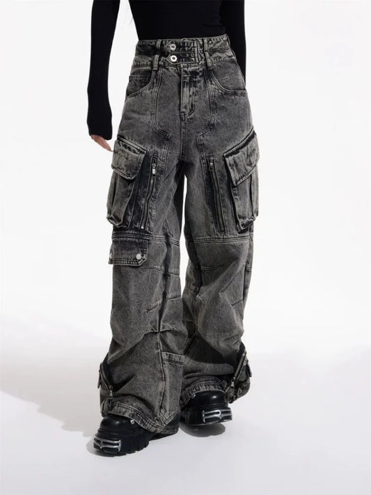 Vintage Grey Pleated Cargo Wide Jeans