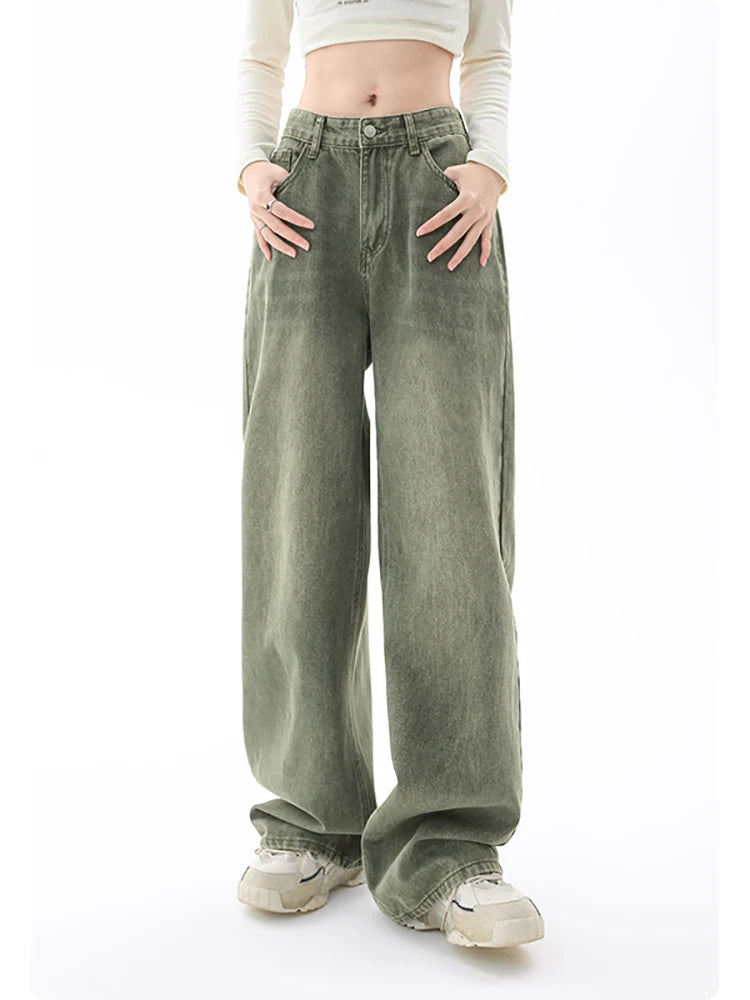 High Waist Green Loose Straight Jeans