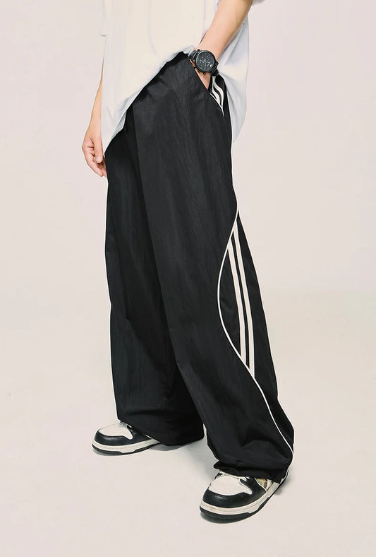 Black Striped Wide Leg Drawstring Pants