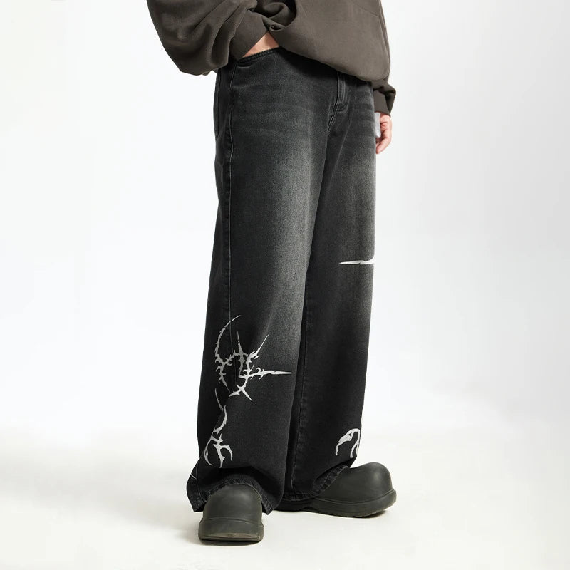 Black Graphic Denim Wide Leg Jeans