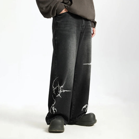 Black Graphic Denim Wide Leg Jeans