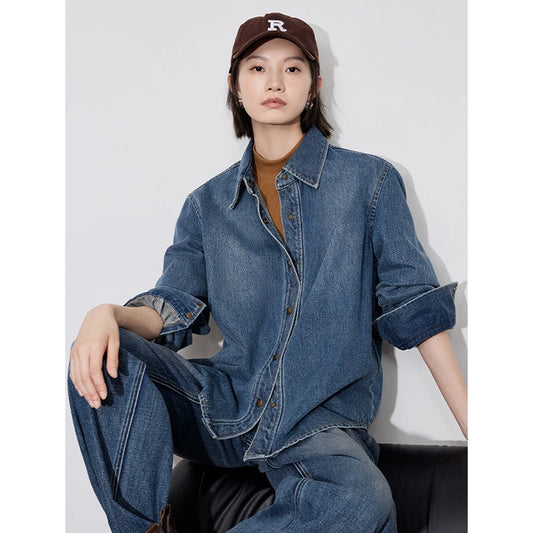 Gradient Denim Blouse Vintage Cowboy Shirt