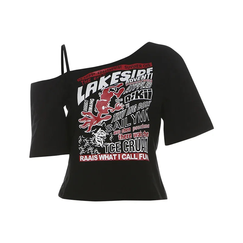 Gothic Letter Print Off Shoulder T-Shirt