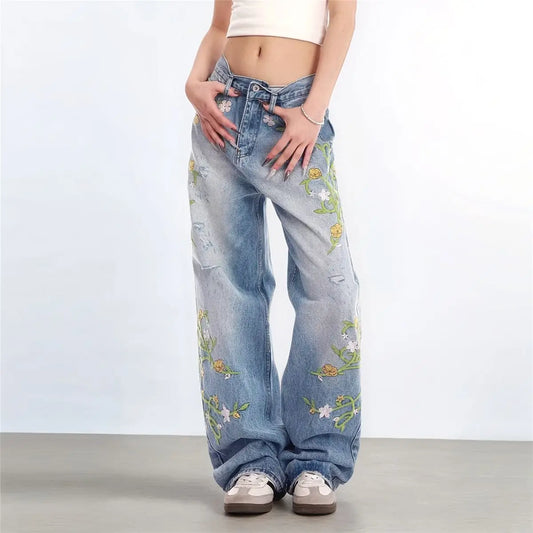 Blue Vintage Floral Embroidered High Jeans