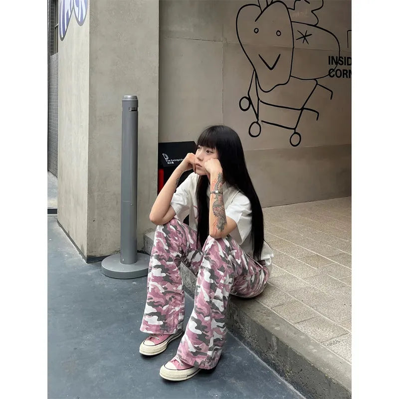 Pink Camouflage Wide Leg Workwear Jeans