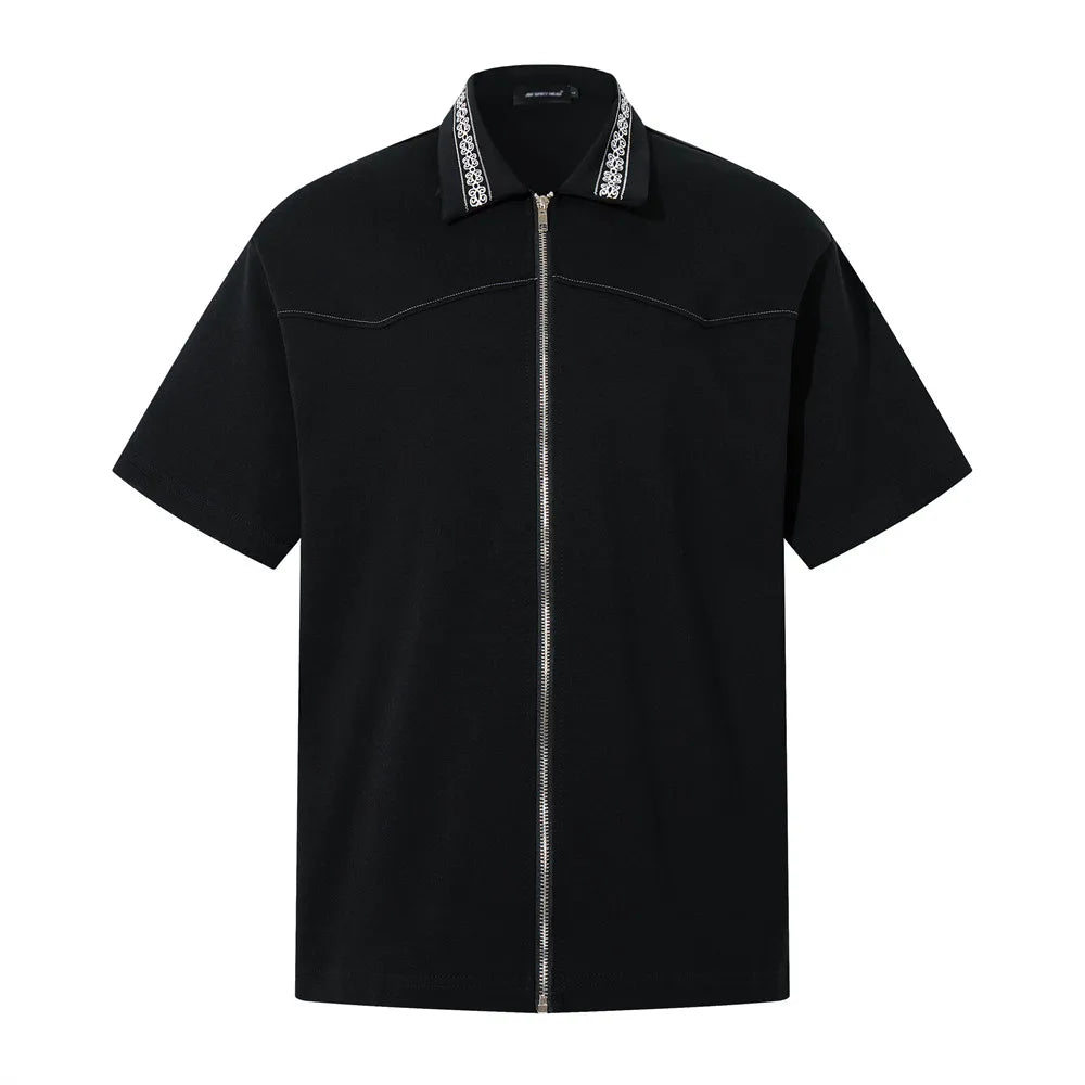 Retro Spliced Embroidered Lapel Zipper Shirt