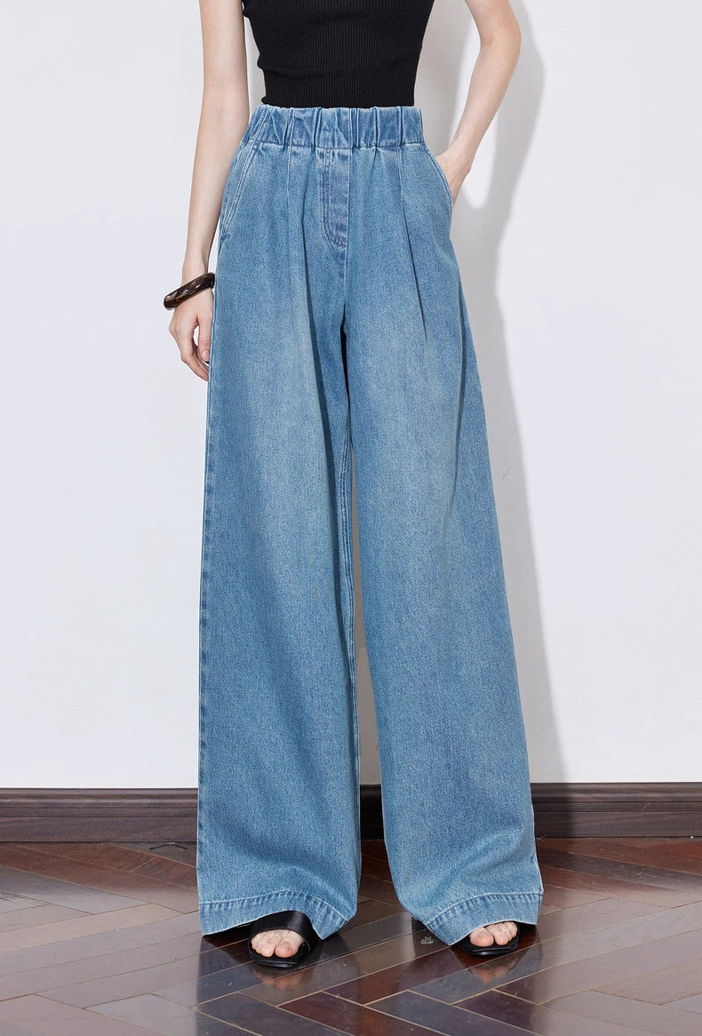 Elastic Waist Wide Leg Denim Jeans