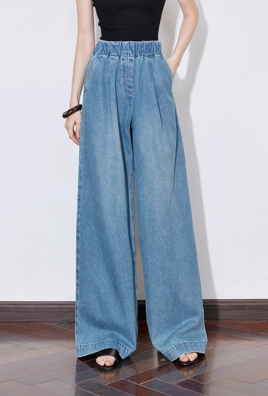 Elastic Waist Wide Leg Denim Jeans