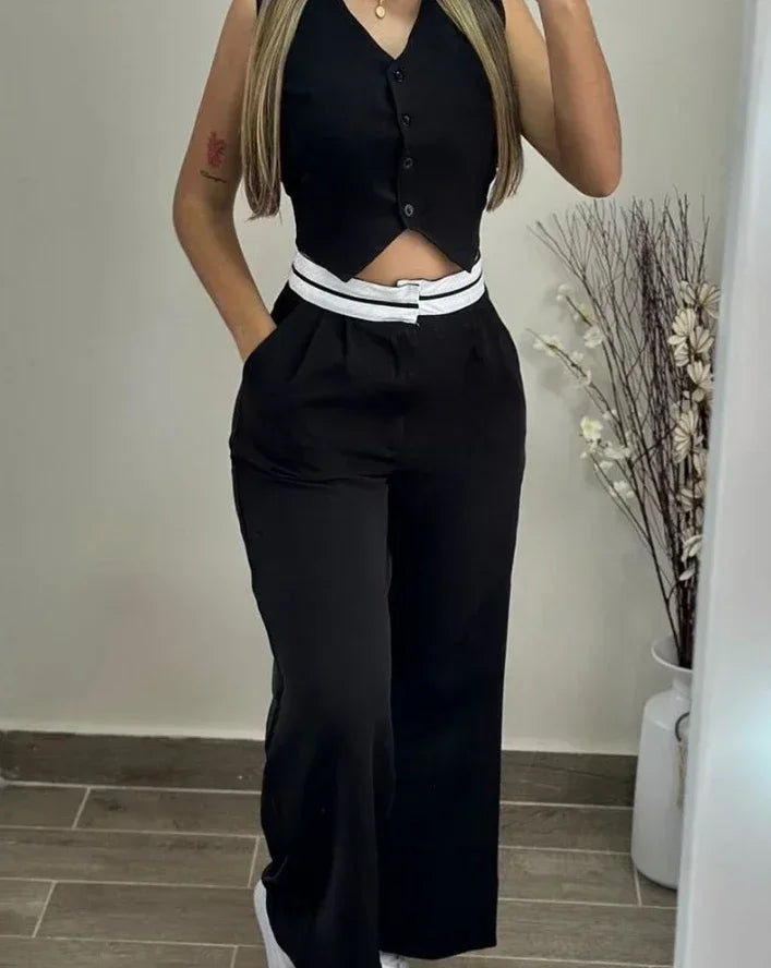 Summer Casual V-Neck Buttoned Vest Pants