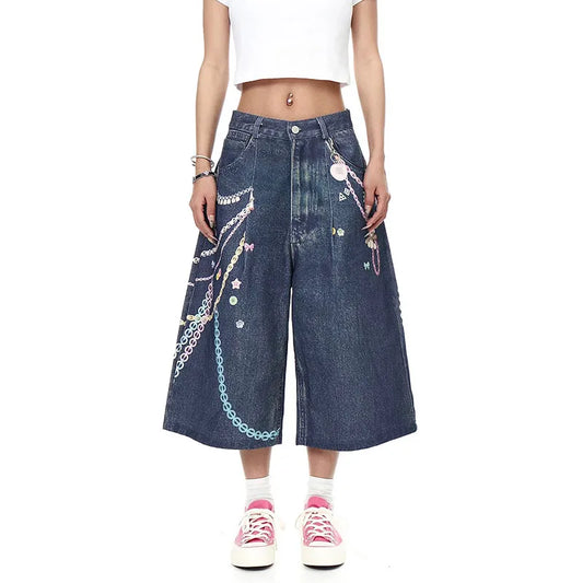 Colorful Chain Print Denim Shorts