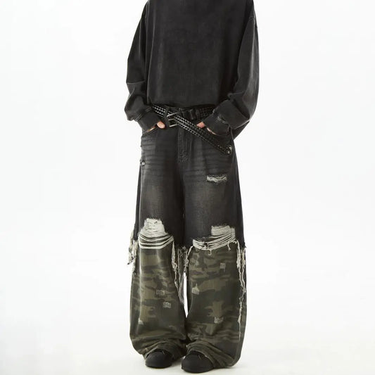 Retro Camouflage Splicing Loose Straight Jeans