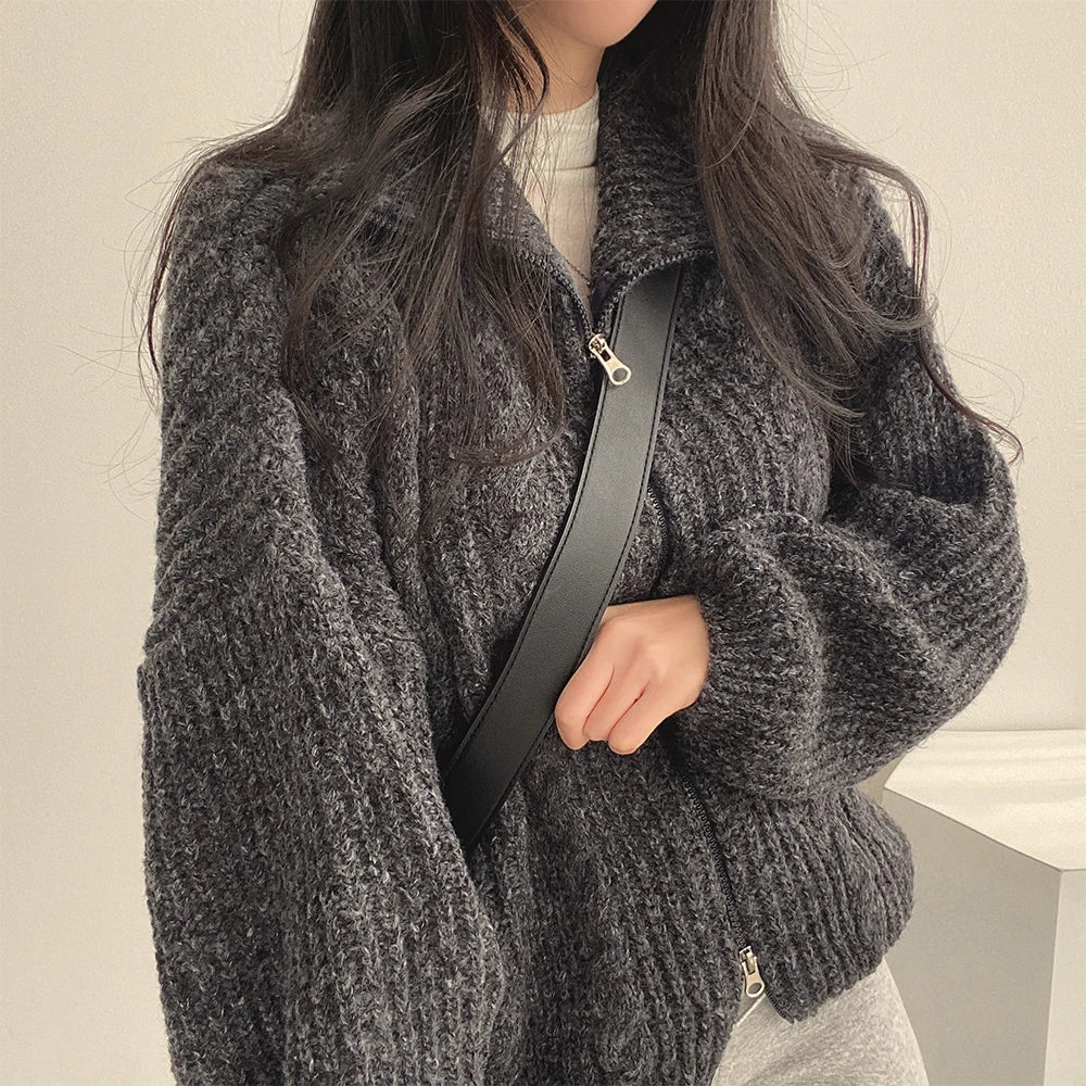 Cozy Oversized Knitted Zipper Cardigan Sweater