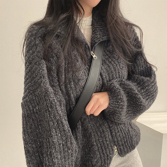 Cozy Oversized Knitted Zipper Cardigan Sweater