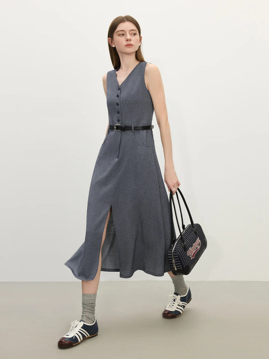 Navy Inspired Sleeveless A-Line Denim Dress
