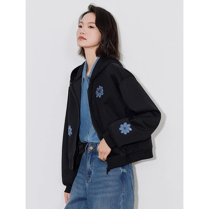 Floral Embroidery Casual Zipper Cardigan Sweater