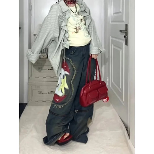 American Retro Graffiti Print Cargo Jeans
